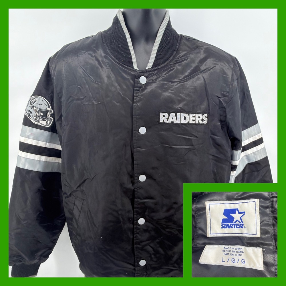 Vtg 90s Raiders Starter Satin Jacket L Black Puffy Quilted Lining Helmet Patch